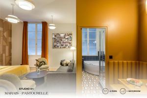 巴黎Beauquartier - Marais, Pastourelle的客厅和浴室的两张照片