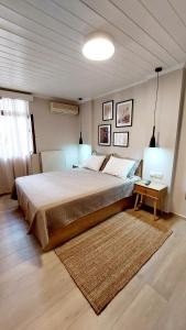 罗希姆诺Lilys Apartments的一间卧室配有一张大床和地毯。