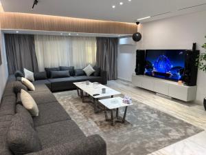 开罗Saif CityStars Milsa的客厅配有沙发和大屏幕电视