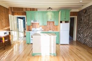 拉马巴耶野外新风木屋的厨房配有绿色橱柜和白色冰箱
