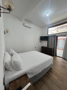 El Paredón Buena VistaMAYAN SURF HOTEL的一间卧室配有一张带白色床单的床和一扇窗户。