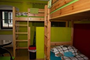 巴德哥依斯恩巴特戈伊瑟恩旅舍的一间卧室设有两张双层床和绿色的墙壁
