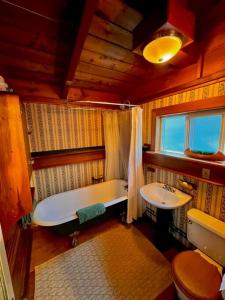 斯阔米什Nostalgic Downtown Boatbuilder's Cabin - Licensed的带浴缸和盥洗盆的浴室