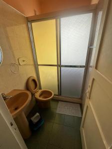卡尚布Suíte Hotel São José的浴室配有卫生间、盥洗盆和淋浴。