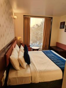 新德里RoseMallow Tavisha Hotel的卧室配有带枕头的床铺和窗户。