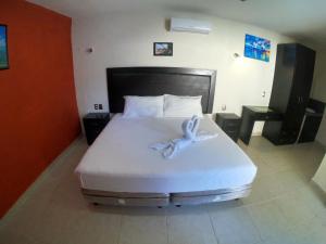 巴卡拉尔Apartamentos Luna Turquesa Bacalar - Gratis Renta Bicicletas的一间卧室,配有一张床,床上有一个弓