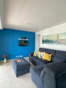 圣弗朗索瓦Résidence Subtropicale的客厅拥有蓝色的墙壁和蓝色的沙发