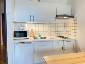 因斯布鲁克Bright Studio with View的厨房配有白色橱柜、水槽和微波炉