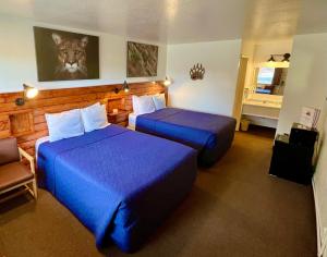 恩尼斯Red Bear Inn的酒店客房,配有两张带蓝色床单的床
