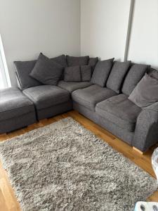 莱斯特LUXURY Leicester apartment的客厅里一张灰色的沙发,铺着地毯