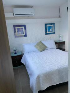San MartínLa Casona Llanera的卧室配有白色的床和2个床头柜
