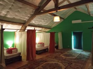 VerneixChambres d'hôtes Les cabris的一间设有两张床和绿色墙壁的客房