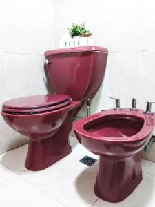 科尔多瓦Depto Viamonte - Planta Alta con Terraza y Cochera的浴室内配有红色卫生间和坐浴盆