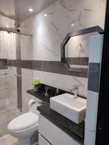 亚美尼亚Alquiler por días en Armenia Casahotel Villahermosa的一间带水槽、卫生间和镜子的浴室
