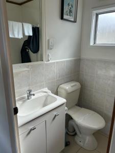 巴特曼斯贝Batemans Bay Holiday Park & Hostel的一间带卫生间、水槽和镜子的浴室