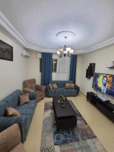安曼Elegant apartments for rent.的客厅配有蓝色的沙发和电视
