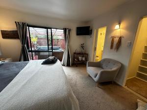 汉密尔顿Dinsdale oasis and private spa pool的卧室配有床、椅子和窗户。