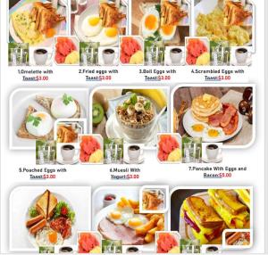 马德望Lotus Blanc Homestay的各种早餐食品图片的拼贴画