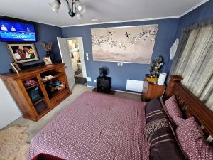 Haywardsrooms with a view的一间卧室配有一张床和一台平面电视