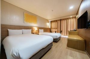 济州市S Hotel的酒店客房设有两张床和一台平面电视。