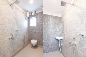 加尔各答FabHotel Bypass View的浴室设有卫生间和淋浴,两幅图片