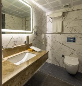 贝莱克Belenli Resort Hotel的一间带水槽、卫生间和镜子的浴室