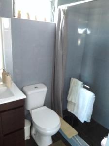 蒙蒂茹Privacidade na sua estadia no Centro do Montijo.的浴室配有白色卫生间和淋浴。