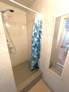 考纳斯Savan House "Easy Kaunas"的浴室内配有蓝色淋浴帘