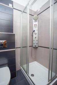 美特索文阿多尼斯酒店的浴室里设有玻璃门淋浴