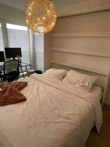 科布伦茨Moselblick Penthouse mit Terrasse的卧室配有一张白色大床和吊灯。