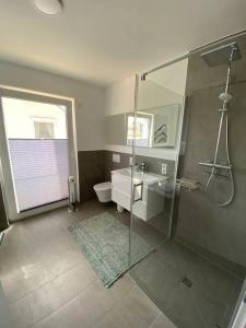 科布伦茨Moselblick Penthouse mit Terrasse的带淋浴、卫生间和盥洗盆的浴室