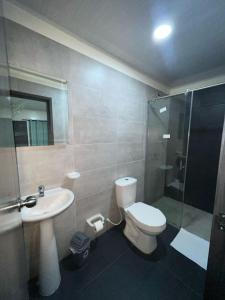 比亚维森西奥Hotel Olam Confort的浴室配有卫生间、盥洗盆和淋浴。