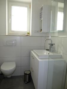 吕丁豪森Hof Spöde的白色的浴室设有卫生间和水槽。
