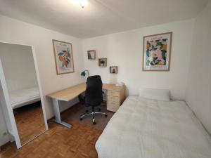 费尔德基希2 bedroom Apartment at Bahnhofcity的一间卧室配有书桌、一张床、一张桌子和椅子
