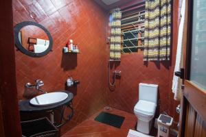 恩德培JET VILLAS ENTEBBE ( JVE )的一间带卫生间、水槽和镜子的浴室