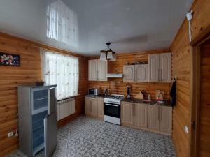 BarmashinoKrona Borovoe的厨房设有木墙和炉灶烤箱。