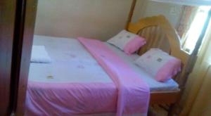 金贾Trinity Guest House的一间卧室配有一张带粉色床单和枕头的床。