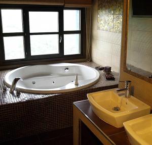 奥维多LA ALDEA SOÑADA的一间带大浴缸和水槽的浴室