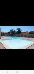 乐巴凯尔斯Villa 6p piscine spa privatif wifi proche des plages的一个种有棕榈树的大型蓝色游泳池
