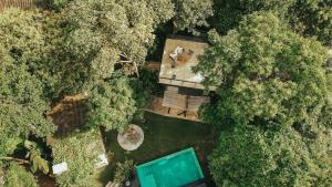 伦索伊斯Casa Antônia - Pousada Boutique的森林中一座带游泳池的房子的顶部景色