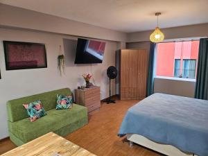利马Alojamiento San Francisco Espaciosos y lindos mini apartamentos的一间卧室配有一张床、一张沙发和一台电视。
