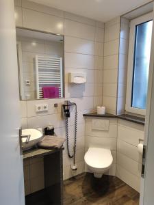 腓特烈港Hotel Gästehaus Stock Zimmer Schokotöpfle的一间带卫生间、水槽和镜子的浴室
