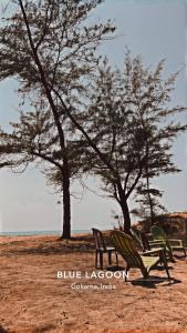 戈卡尔纳Blue Lagoon Redefined的两个公园长椅和两棵树在田野里