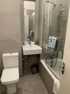 伦敦15 min to The Heart of London - Charming 2 bed Apartment的浴室配有卫生间、盥洗盆和淋浴。