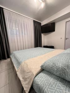 克拉约瓦White & Elegant Luxury Apartament Decomandat的酒店客房设有两张床和窗户。