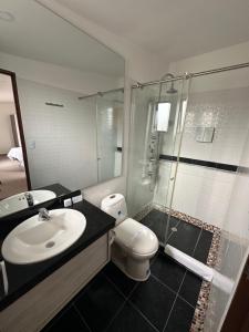 波帕扬PERUGINO´S HOTEL GALERIA的一间带水槽、卫生间和淋浴的浴室