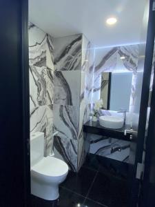 蓬塔德尔加达The Rock Hostel的一间带卫生间、水槽和镜子的浴室