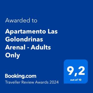 阿雷纳尔登卡斯特尔Apartamento Las Golondrinas Arenal - Adults Only的手机的屏幕,带给金丝器的文本
