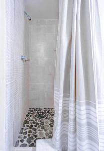 EnighedSeaside Studio: Cruz Bay Gem的带淋浴和浴帘的浴室
