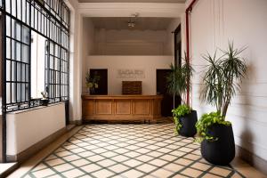 布宜诺斯艾利斯Loft Osteria by Sagardi的走廊上,地板上种植了两株盆栽植物